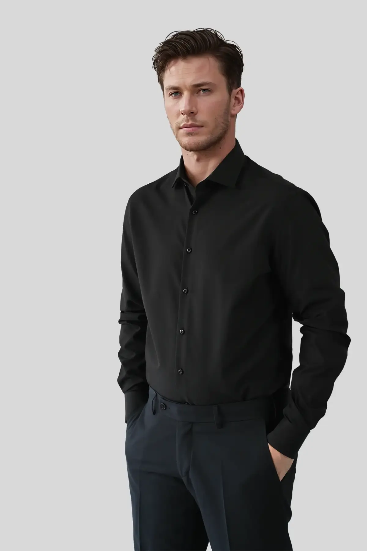 Hemd mit Eton-Kragen schwarz und extra langem Arm in schwarz