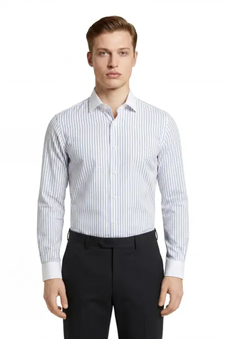Hemd, Comfort Fit, Hai+UM weiss, blau mit weissen Streifen